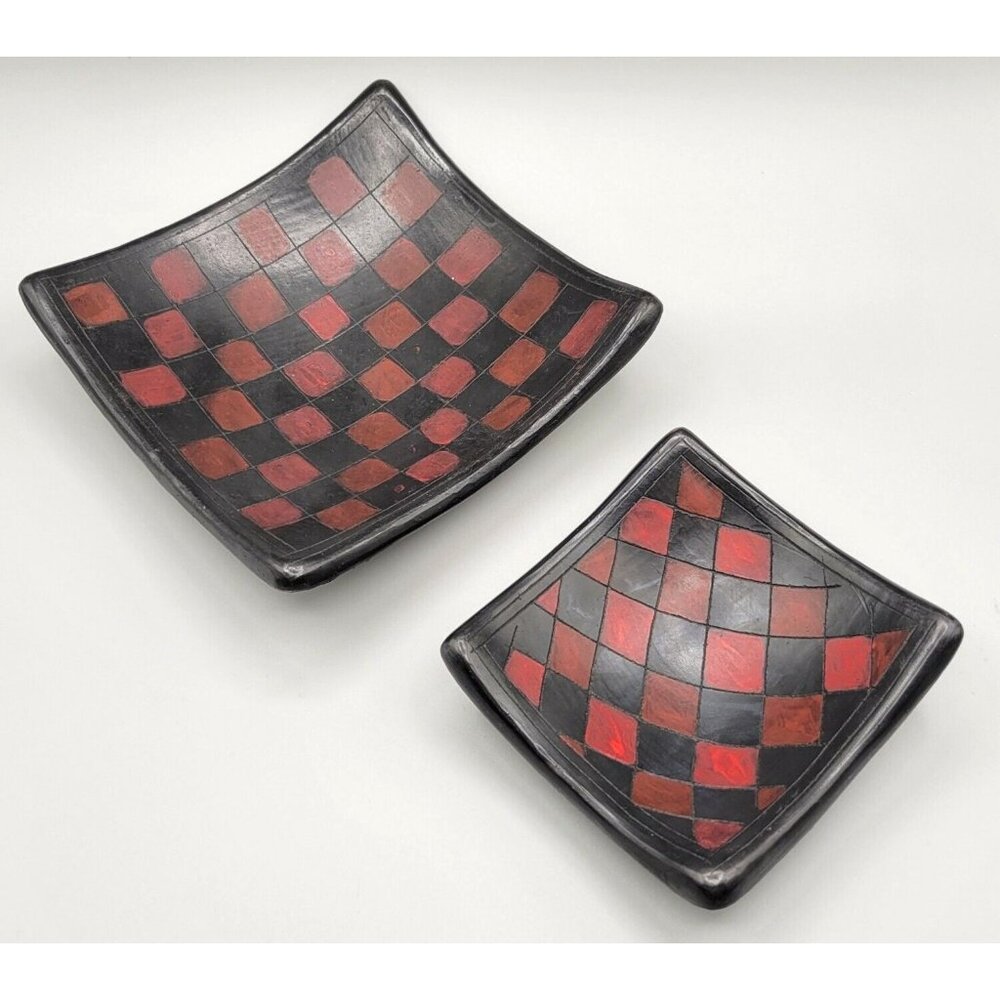 Art Pottery Checkerboard Pattern Bowls Red Black Matte Finish Set of Two
